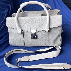 Guess Monogram Logo Satchel Bag - White/Grey - Good Used Condition